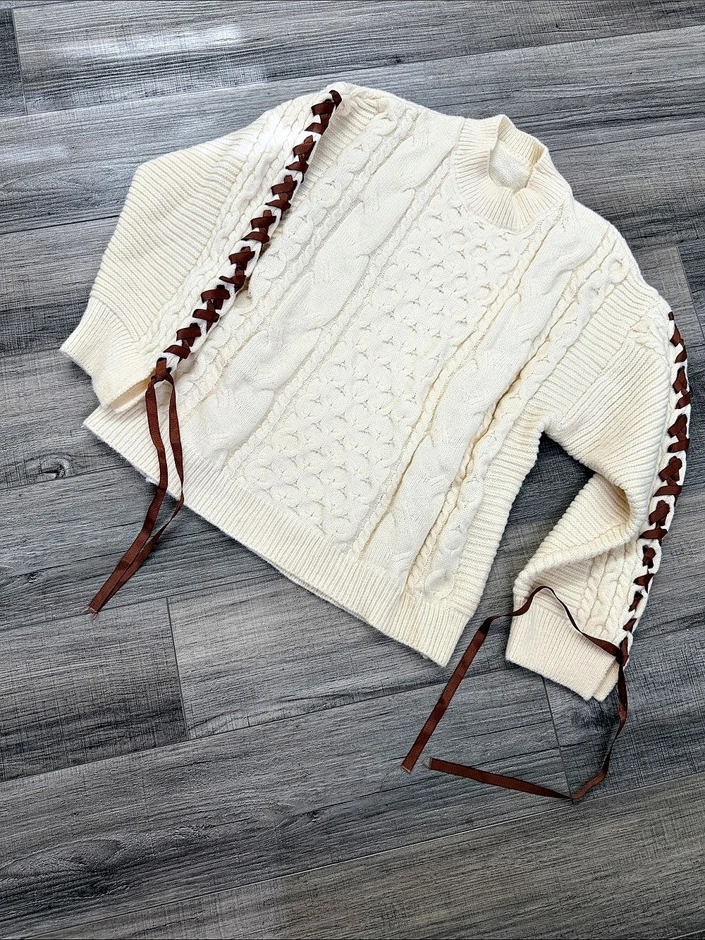 Cable Knit Sweater Cable Knit Lace-Up Sweater in Cream Like